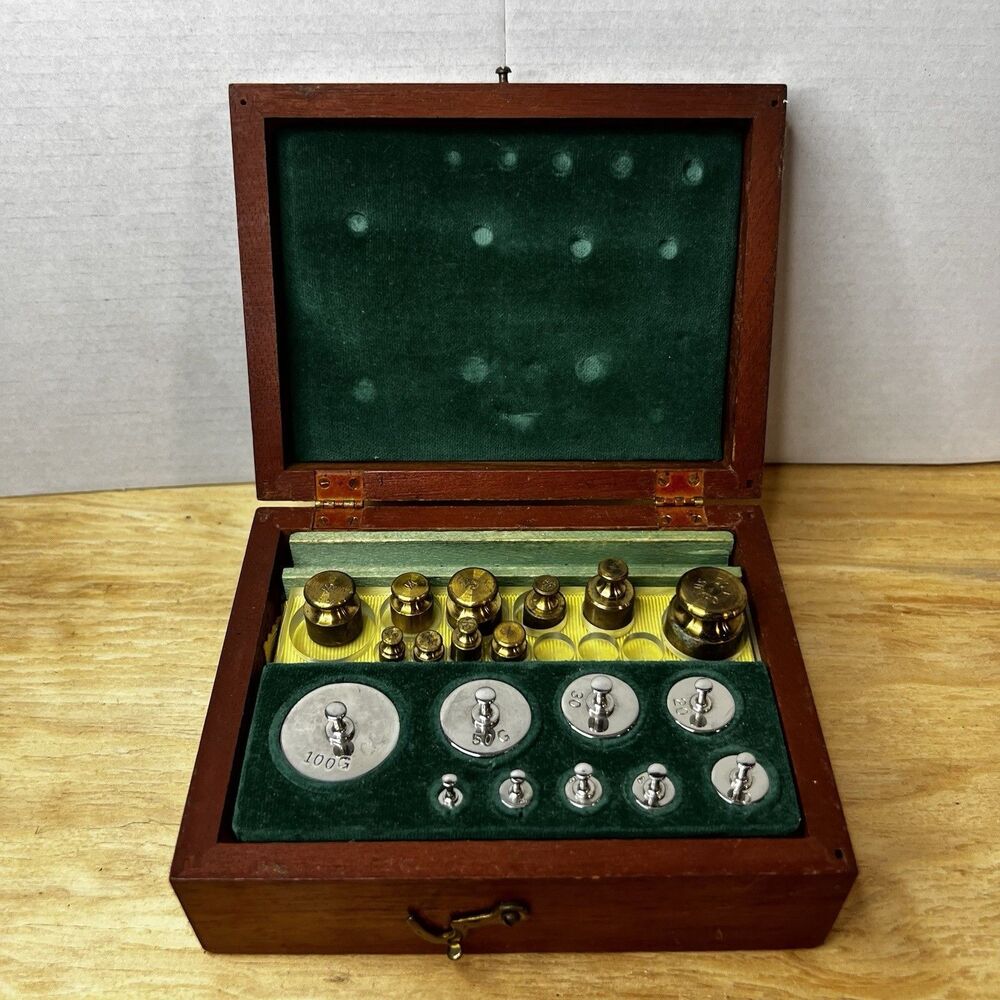 Vintage Precision Weight Set in Velvet Wooden Box Laboratory Scale Ohaus Style